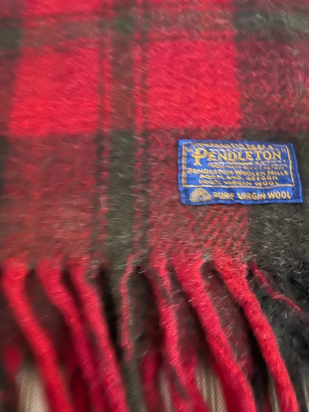 Vintage Pendleton Dark Red, Brown, Olive Green Plaid Virgin Wool Blanket Oregon